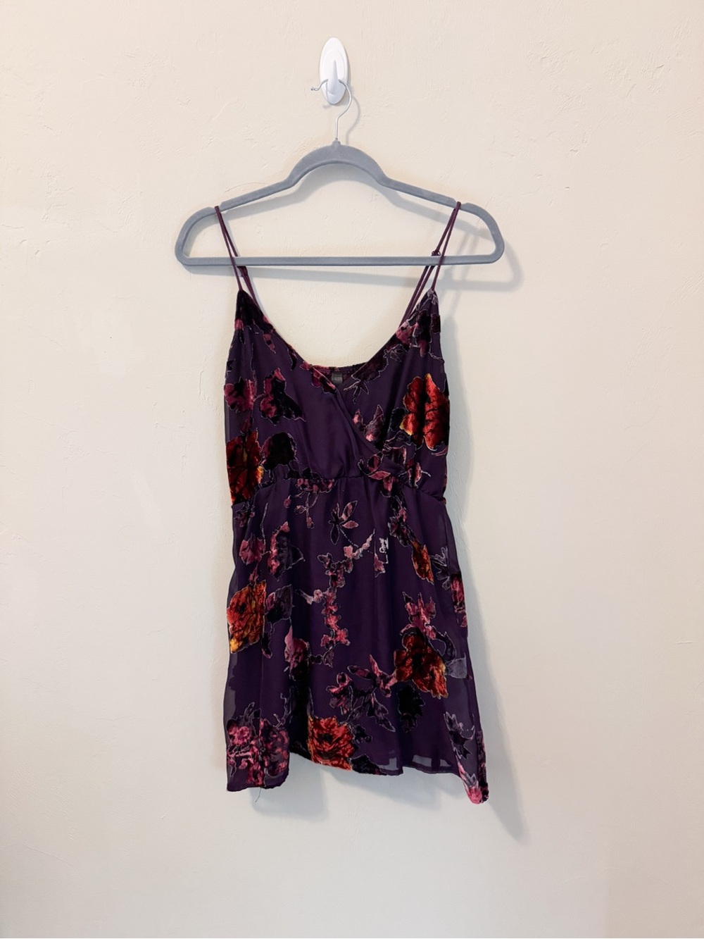 Suede Floral Slip Dress in Deep Purple, V-Neck Wrap Style, Spaghetti Straps